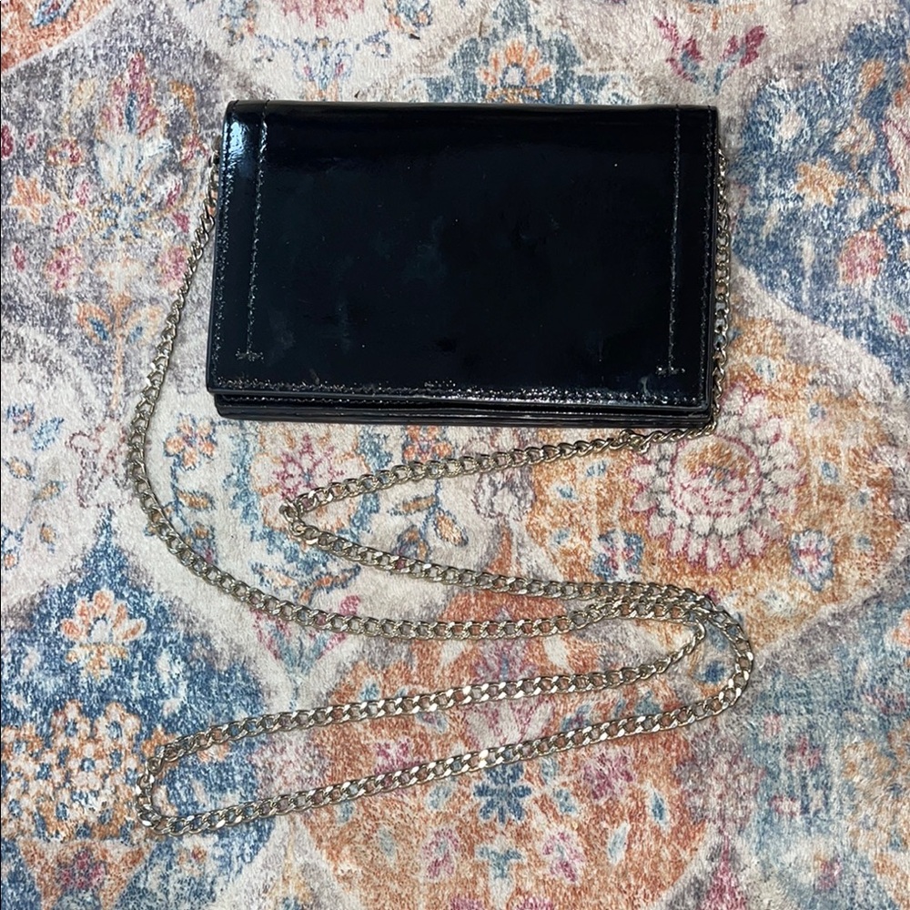 Chic Black Patent Leather Clutch with Silver Chain